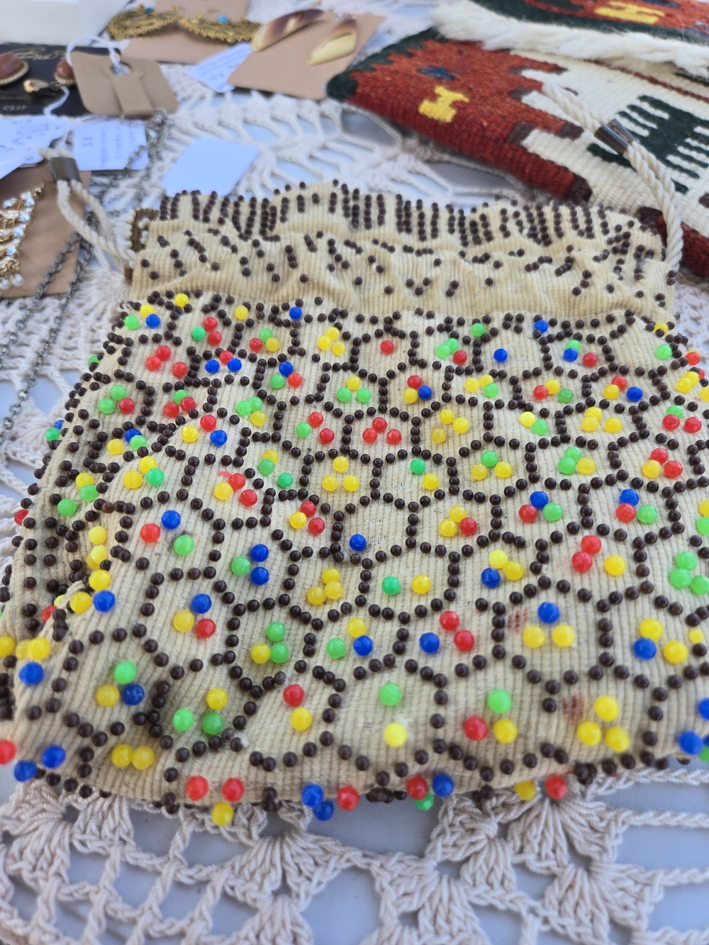 Vintage 1960s–1970s beaded drawstring purse made in Hong Kong.